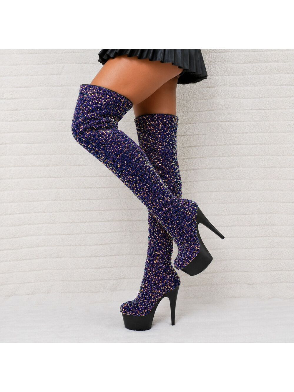 NIB Adore 3020 Purple Multi Sequin High Heel Platform Thigh High Boots - Picture 2 of 14